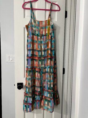 Marie Oliver Pedra Multicolor Plaid Tiered Midi Dress - Silk/Linen - Medium